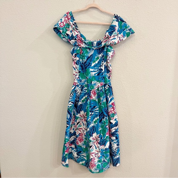 Vintage Inspired Off the Shoulder Skater Dress With Floral Hawaiian Print - Picture 1 of 12